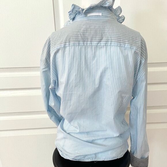 Lacoste UpCycled Handmade Blue Striped Ruffle Collar Button Down Shirt Size XS - Picture 5 of 16